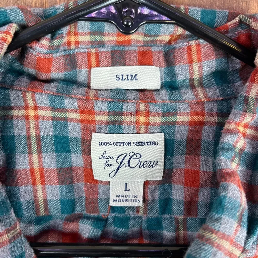 J Crew Mens Flannel Shirt Multicolor Green Gray Orange Plaid Slim Button Down L